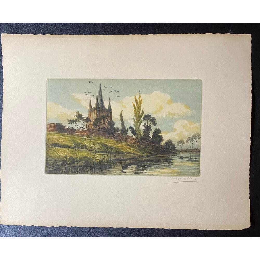 Vintage French Hand Colored Aquatint Etching Signed Brigonelle Riverside Chapel